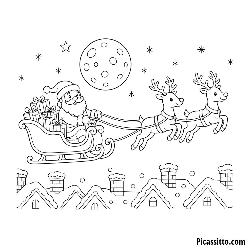 Slitta di Babbo Natale sui tetti da colorare