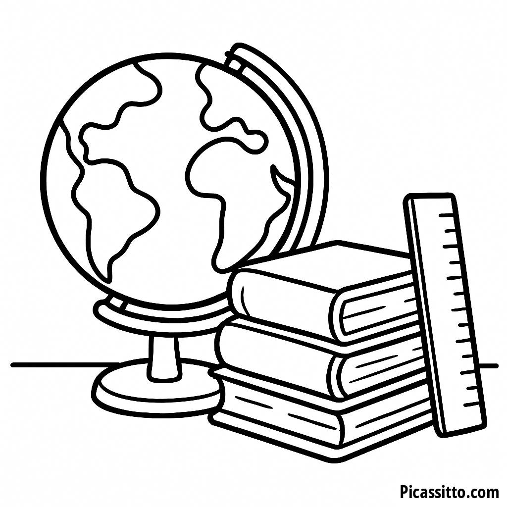 School Supplies Coloring Page: Globe, Books, and Ruler