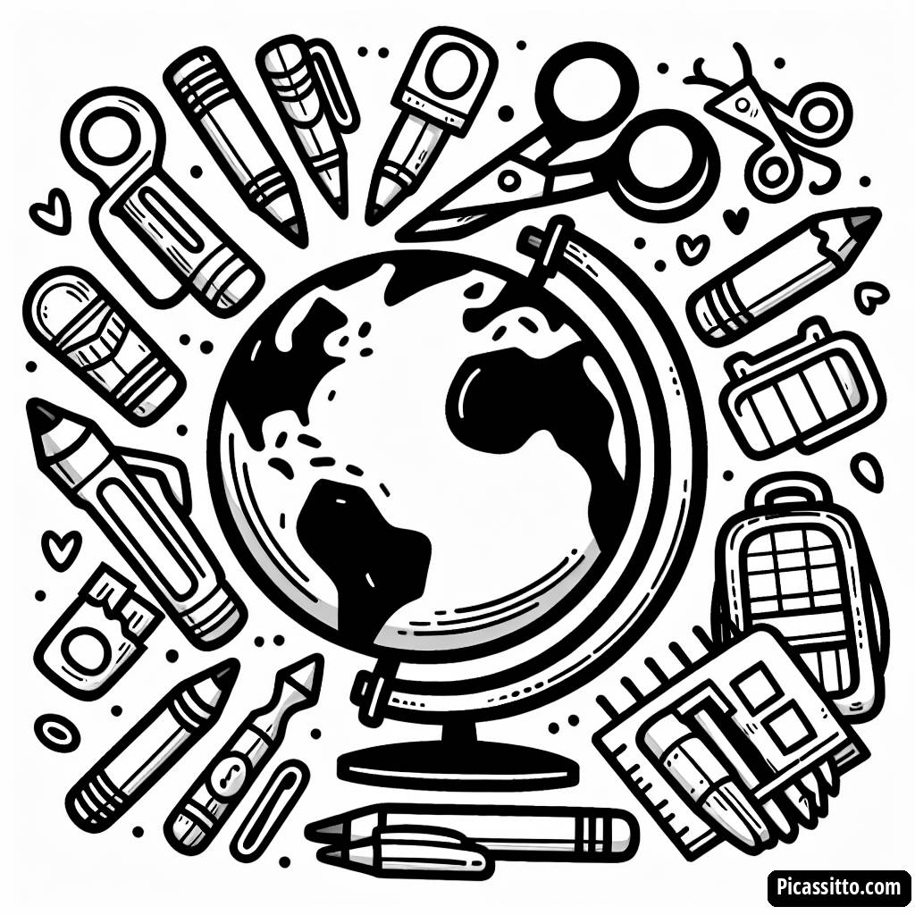 Pagina da Colorare Materiale Scolastico: Globo con Forbici e Crayoni!