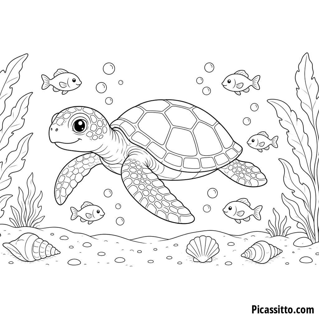 Sea Turtle Gliding Through Kelp Coloring Page