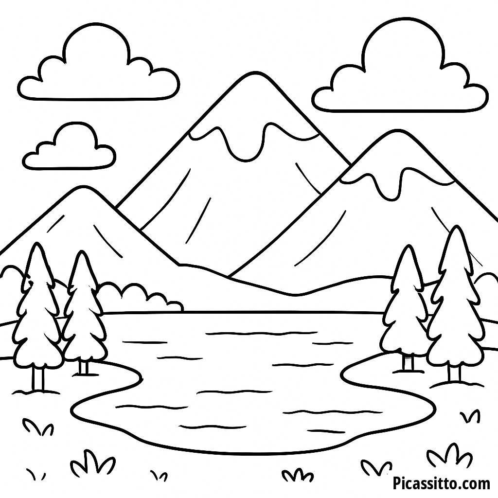 Serene Lake and Mountain Coloring Page