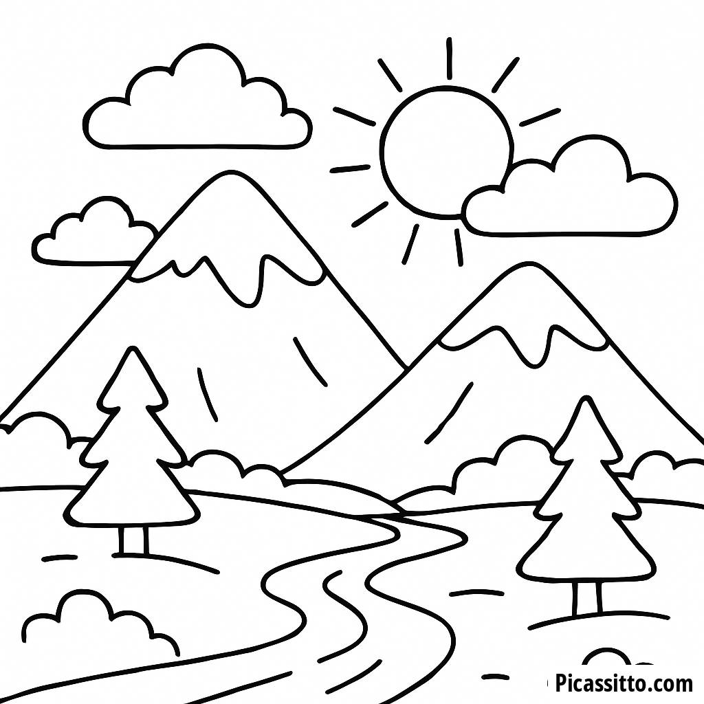 Página para Colorear de un Paisaje Montañoso Sereno