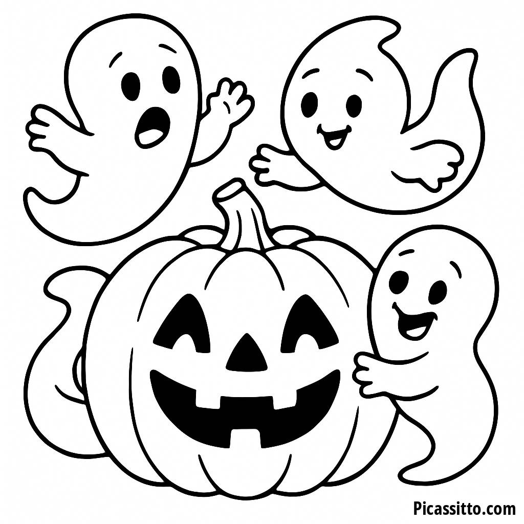 Pagina da Colorare di Fantasmi Buffi e della Zucca Felice
