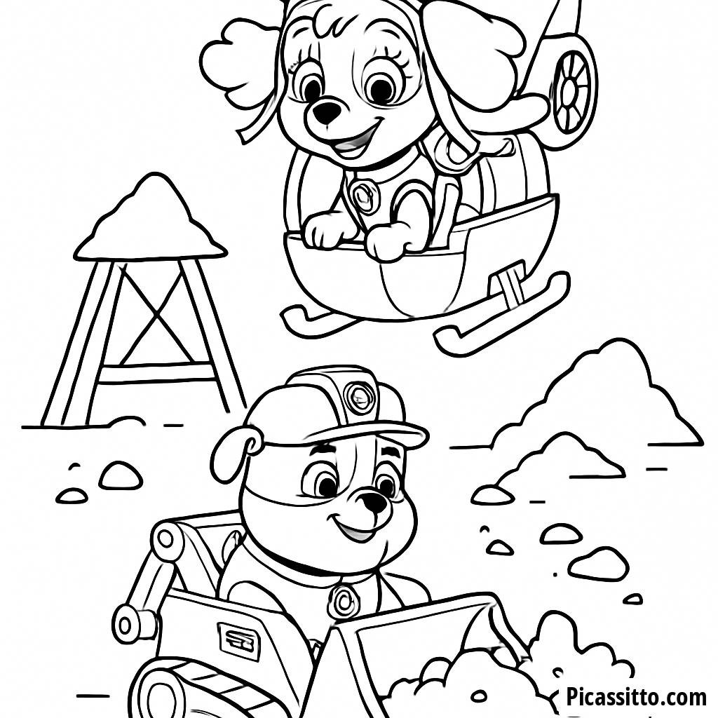 Skye Vola e Rubble Scava - Pagina da Colorare Gratis!