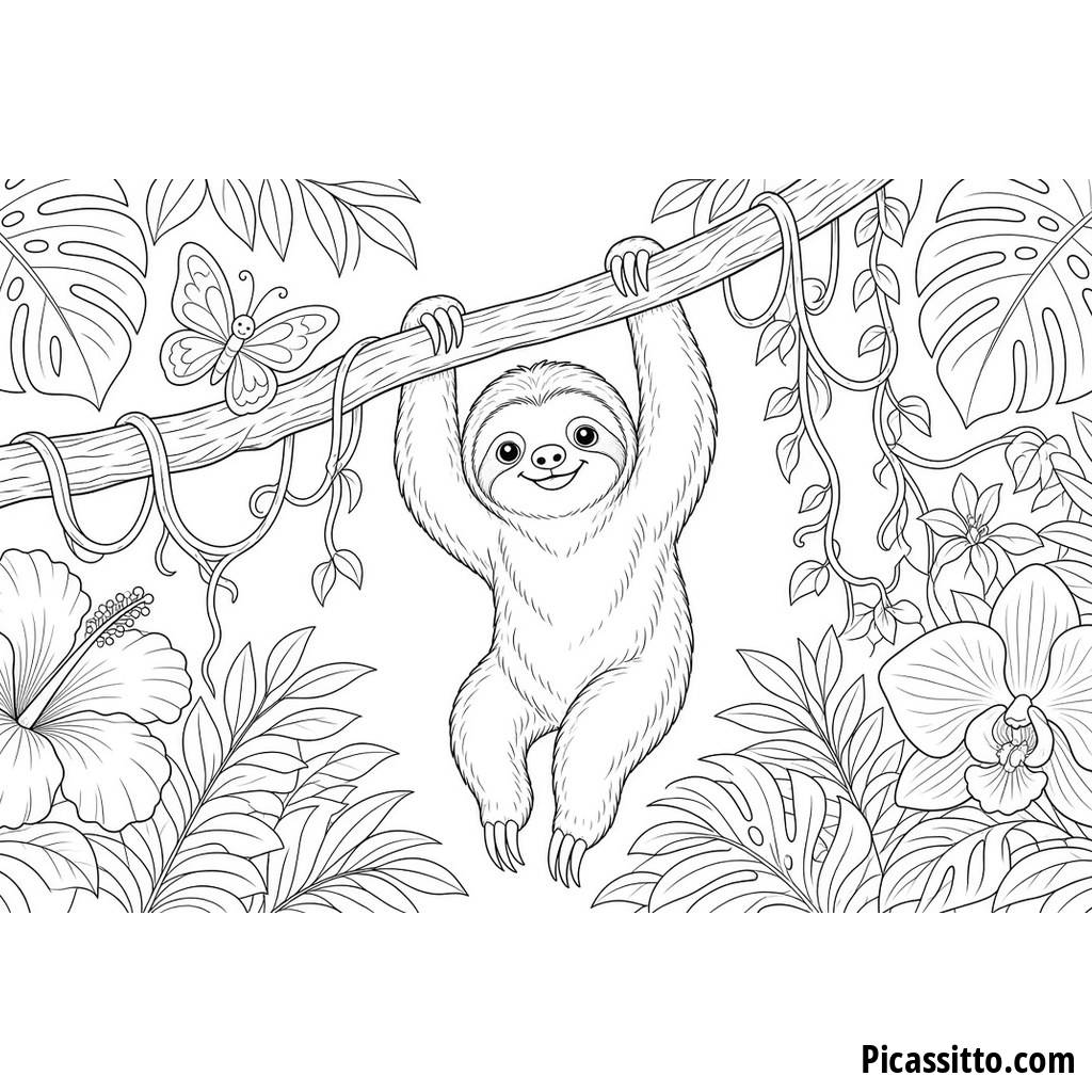 Smiling Sloth on a Jungle Branch Coloring Page