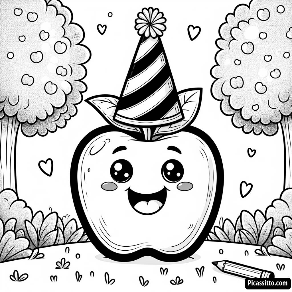 Раскраска Улыбающегося Яблока в Праздничной Шляпе