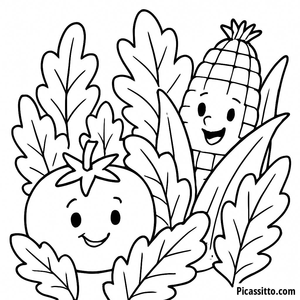 Página para Colorear de Tomate y Maíz Sonrientes