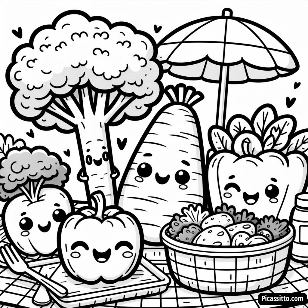 Pagina da Colorare Picnic di Verdure Sorridenti