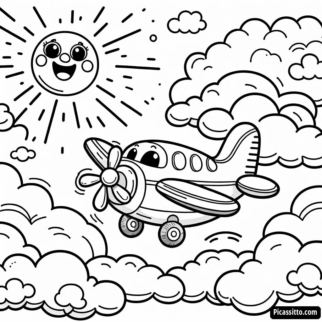 Раскраска: Самолет над Пухлыми Облаками