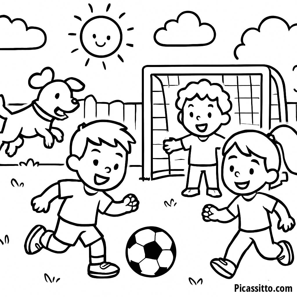 Pagina da Colorare: Amici che Giocano a Calcio con il Loro Cane