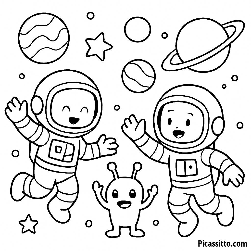 Page à Colorier Aventure Spatiale : Astronautes et un Alien Amical !
