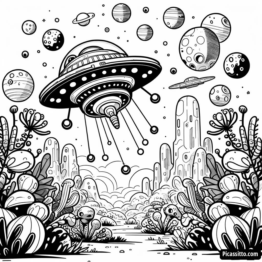 Página para Colorear de una Nave Espacial Aterrizando en un Planeta Distante