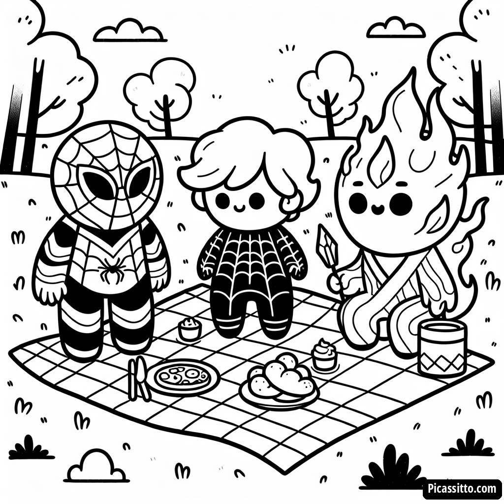 Página para Colorear de Spider-Man y sus Amigos en un Picnic