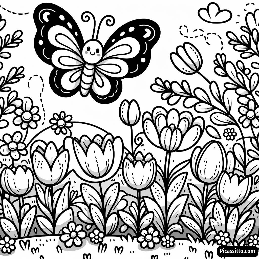 Spring Coloring Page: Fluttering Butterfly in a Tulip and Daisy Garden