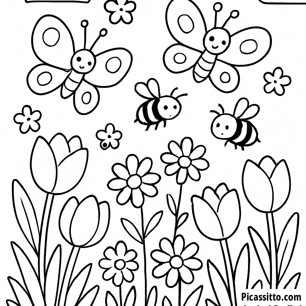 Pagina da Colorare del Giardino Fiorito di Primavera