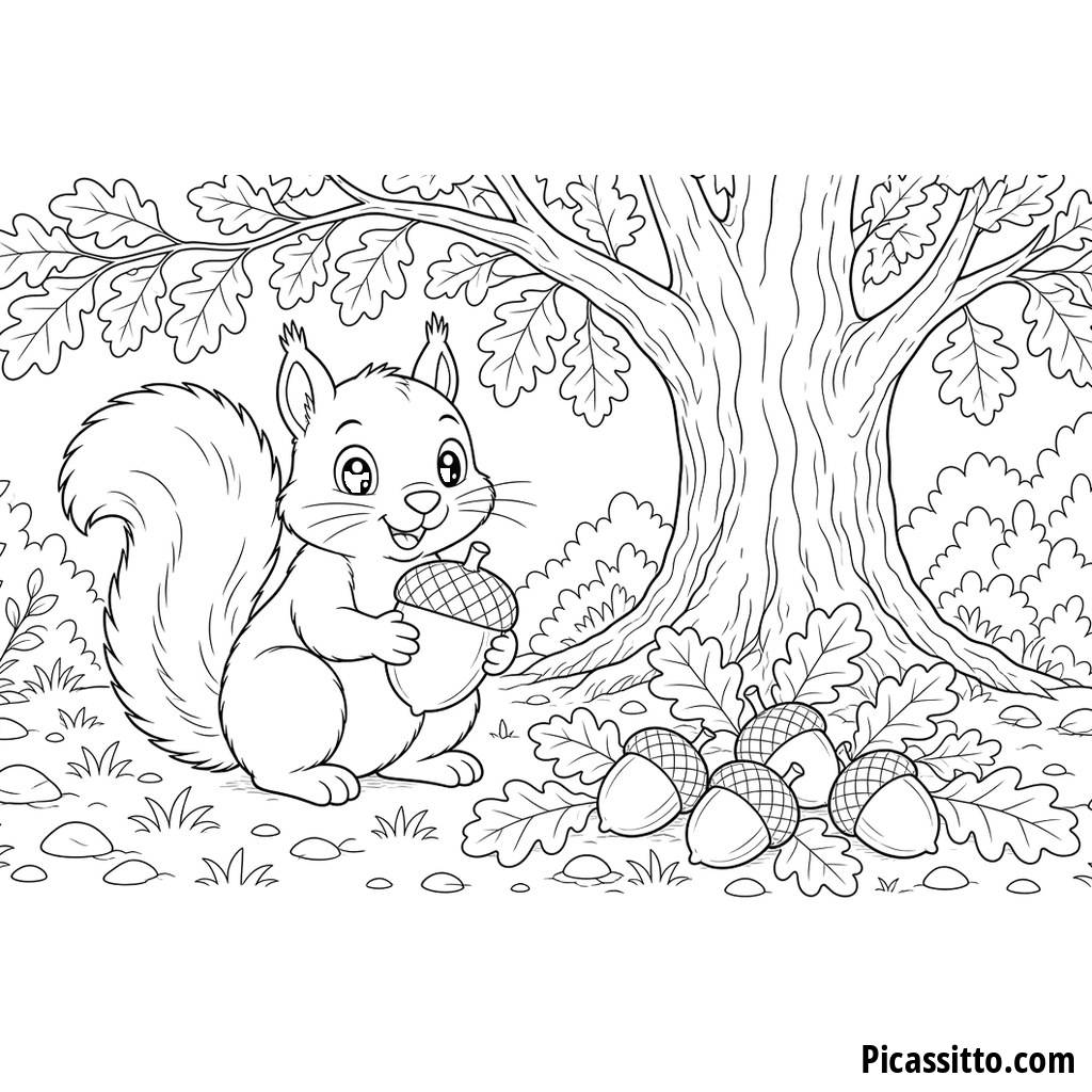 Squirrel with Acorns Coloring Page