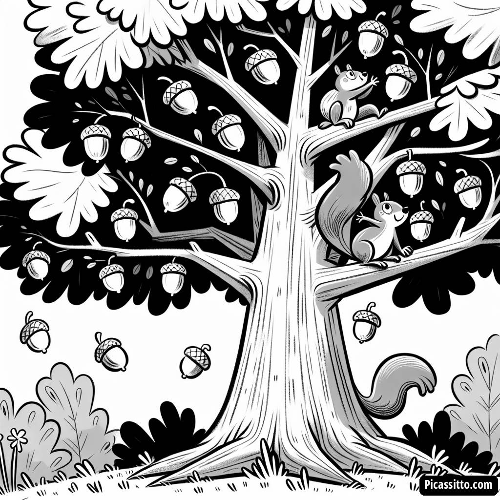 Приключение белки: Бесплатная раскраска с дубом