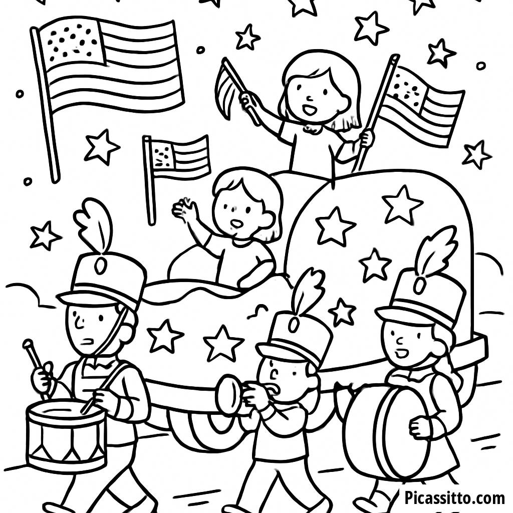 Página para Colorear del Desfile del Día de la Independencia bajo un Cielo Estrellado