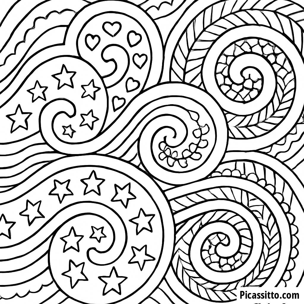 Ausmalbild von Sternen-Spiralen und Wellen-Doodlen