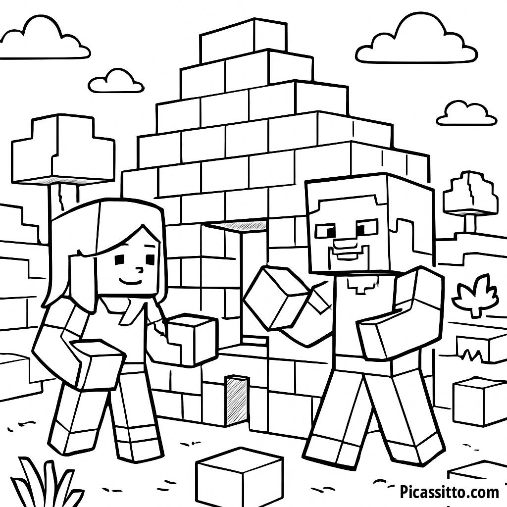 Pagina da Colorare di Steve e Alex che Costruiscono con Blocchi