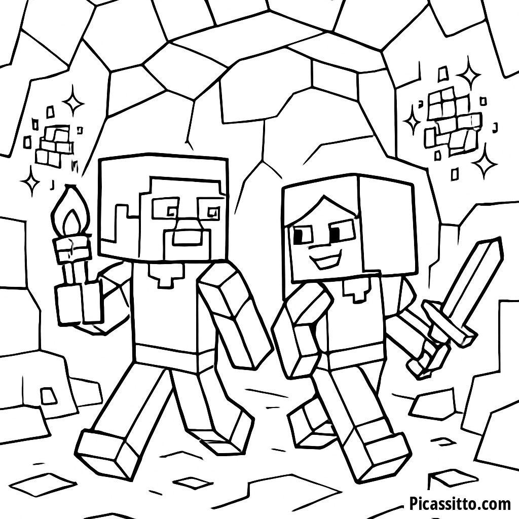 Page de Coloriage Aventure de Steve et Alex dans la Caverne