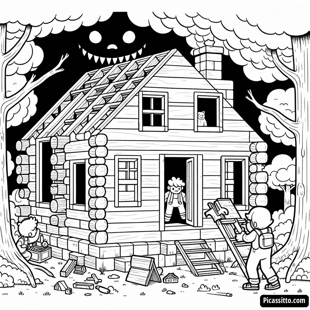 Pagina da Colorare di Steve e Alex che Costruiscono una Casa in Minecraft