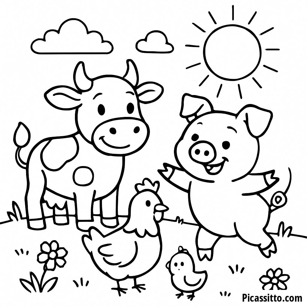 Página para Colorear de Animales de Granja en un Día Soleado