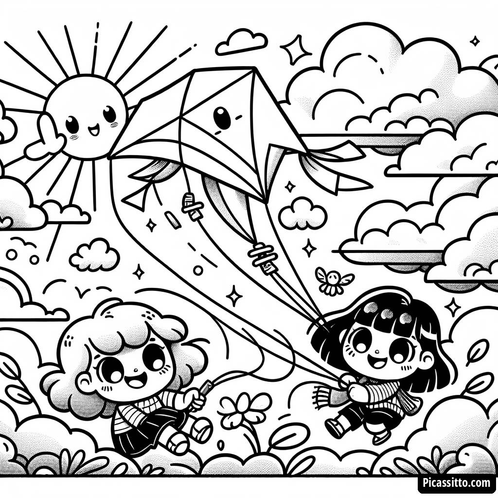 Malvorlage: Zwei Freunde Fliegen Drachen an einem Sonnigen Tag