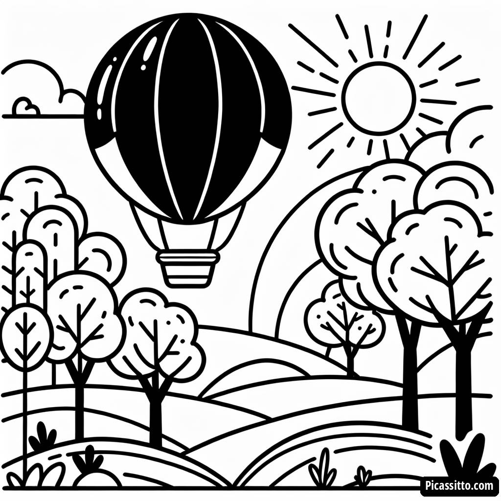 Раскраска: Воздушный Шар над Солнечным Пейзажем