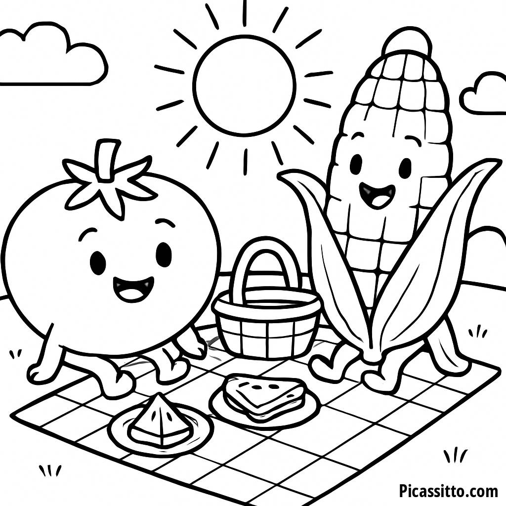 Sonnige Picknick Malvorlage: Tomate und Mais