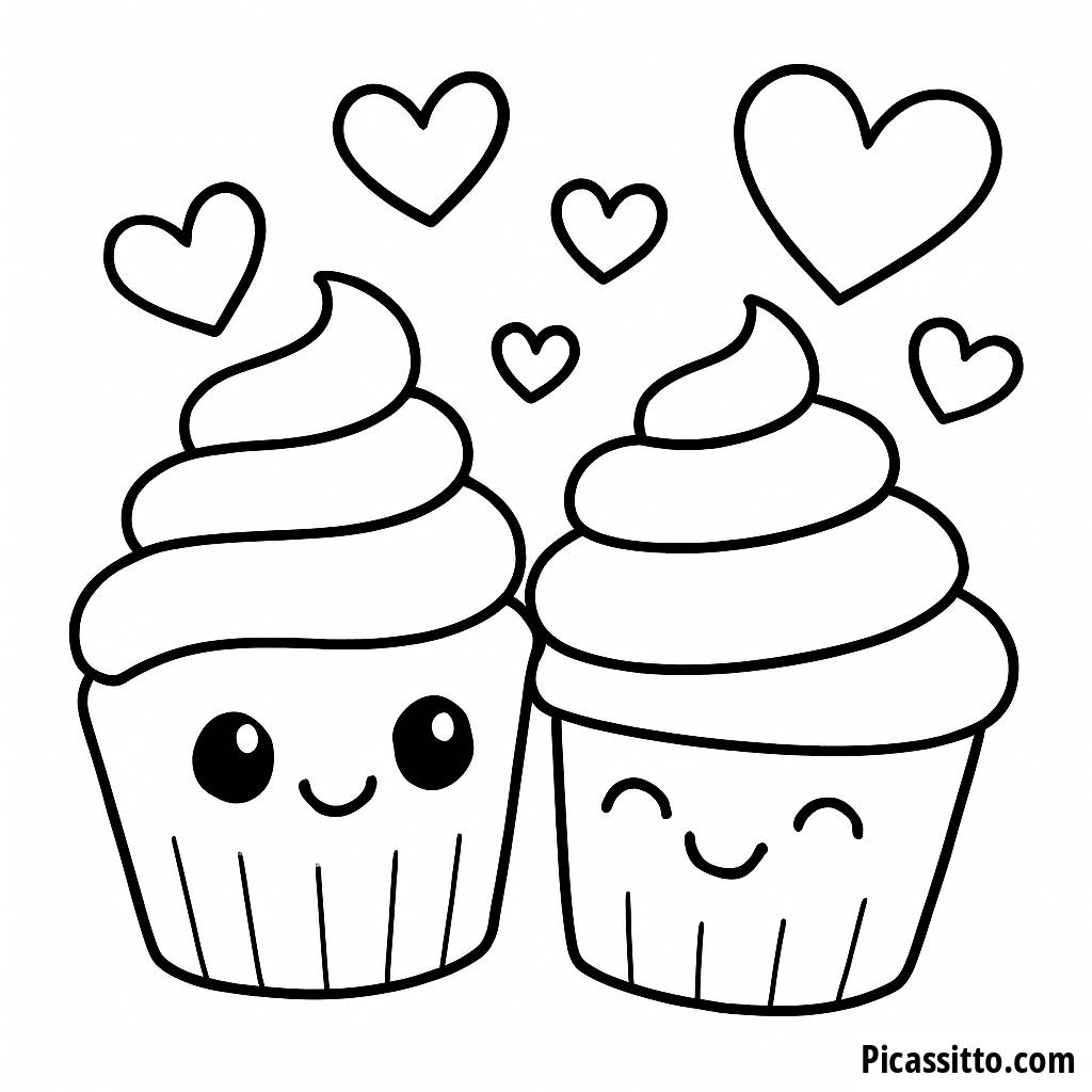 Pagina da Colorare: Cupcake e Cuori Dolce