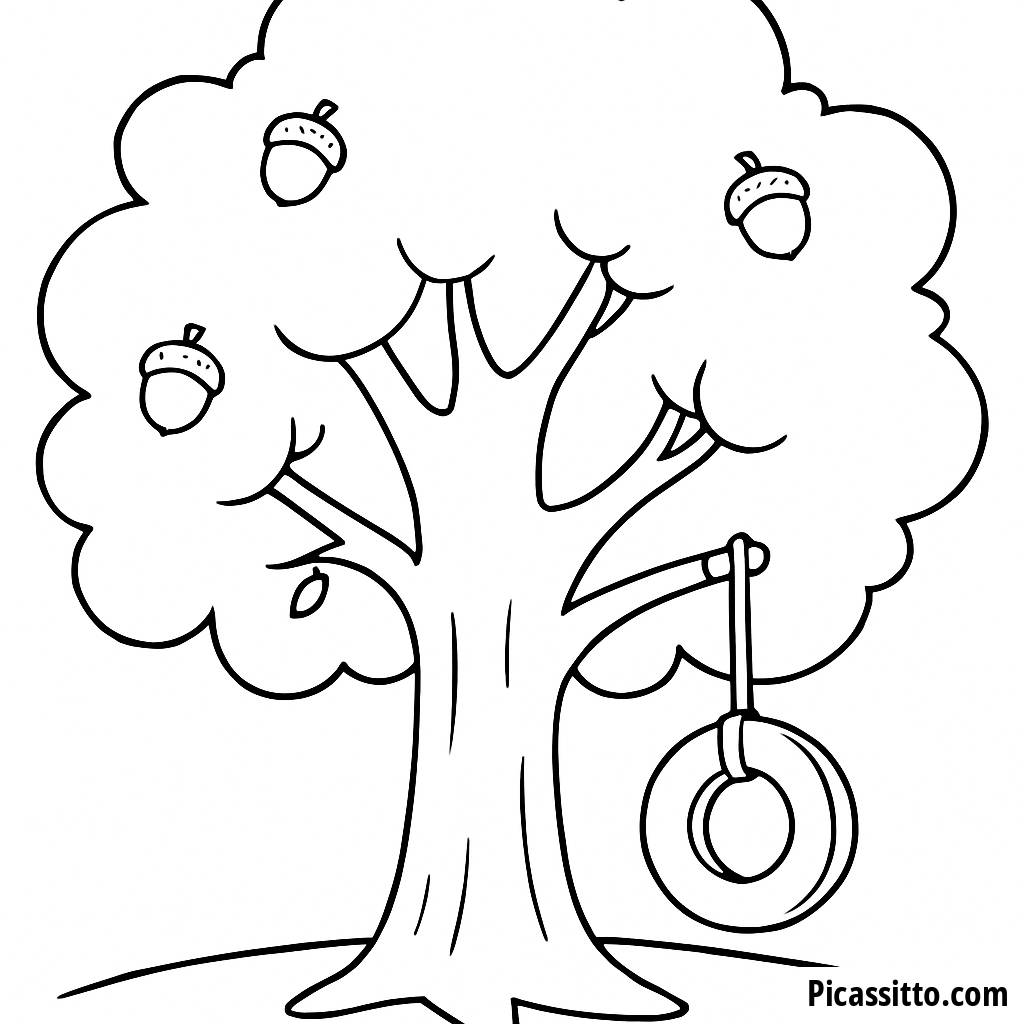 Ausmalbild eines hohen Eichenbaums mit einer schwingenden Reifen