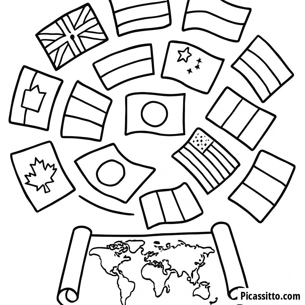 Wirbelnde Nationalflaggen Ausmalbild