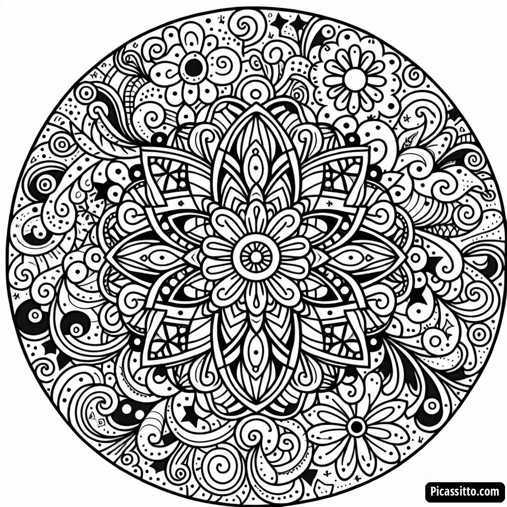 Page à Colorier Mandala des Étoiles et des Fleurs