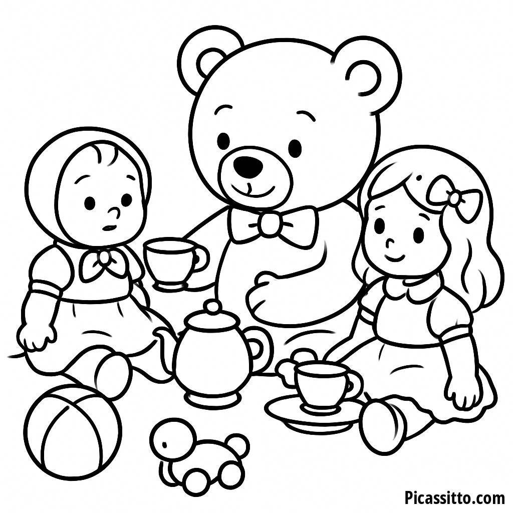 Раскраска: Мишка на Чаепитии с Куклами