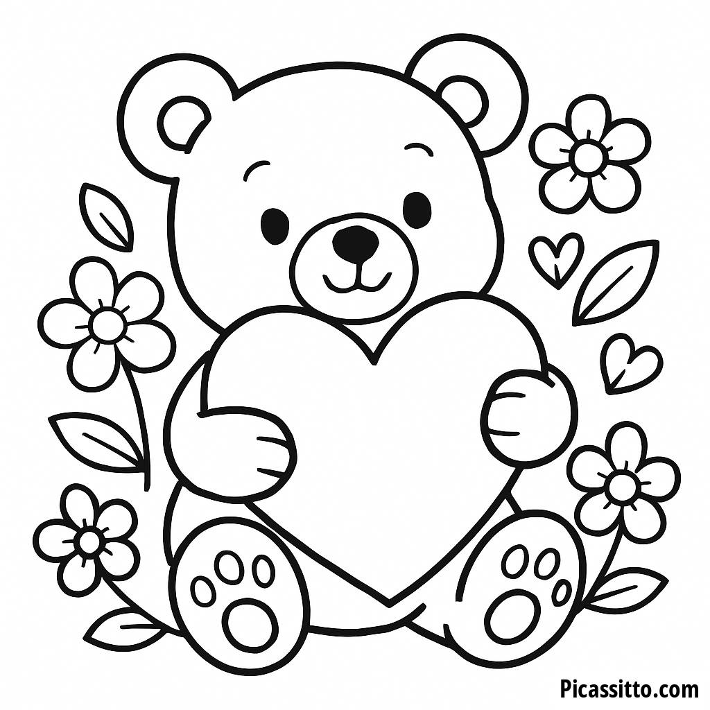 Página para Colorir de um Urso de Pelúcia com um Coração