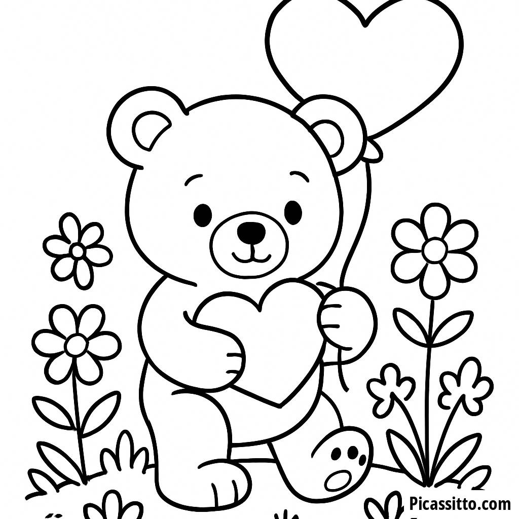 Teddy Bear with Heart Balloon Coloring Page