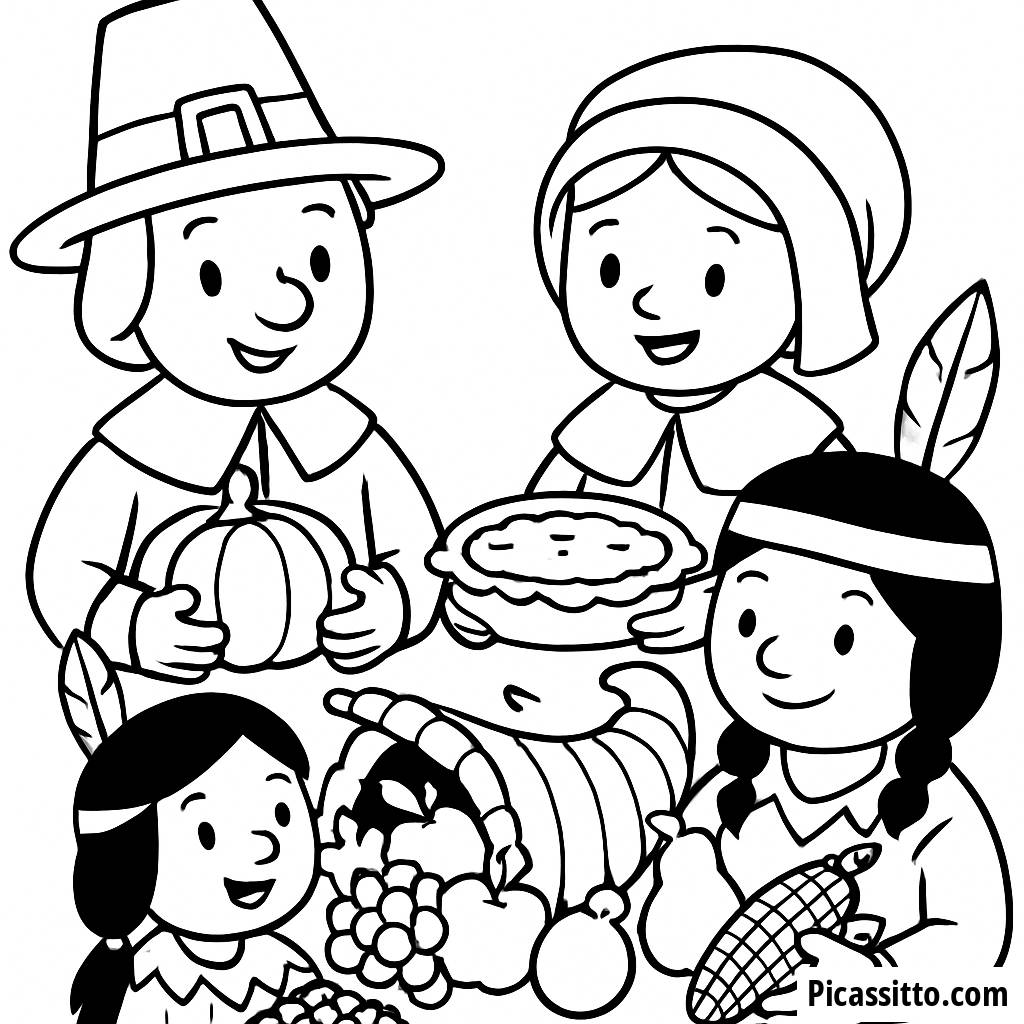 Pagina da Colorare per il Ringraziamento: Pellegrini e Nativi Americani che Condividono un Banchetto