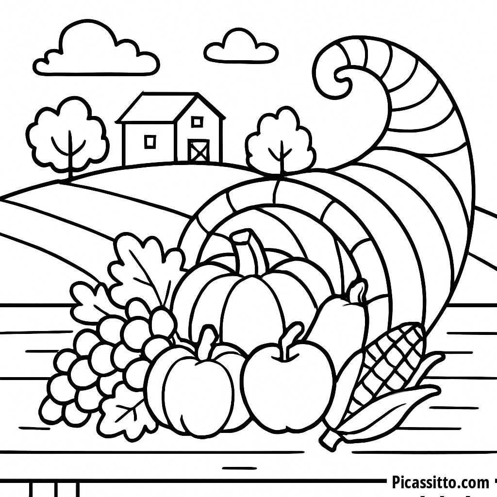 Раскраска: Кукуруза с фруктами и овощами на столе на День благодарения