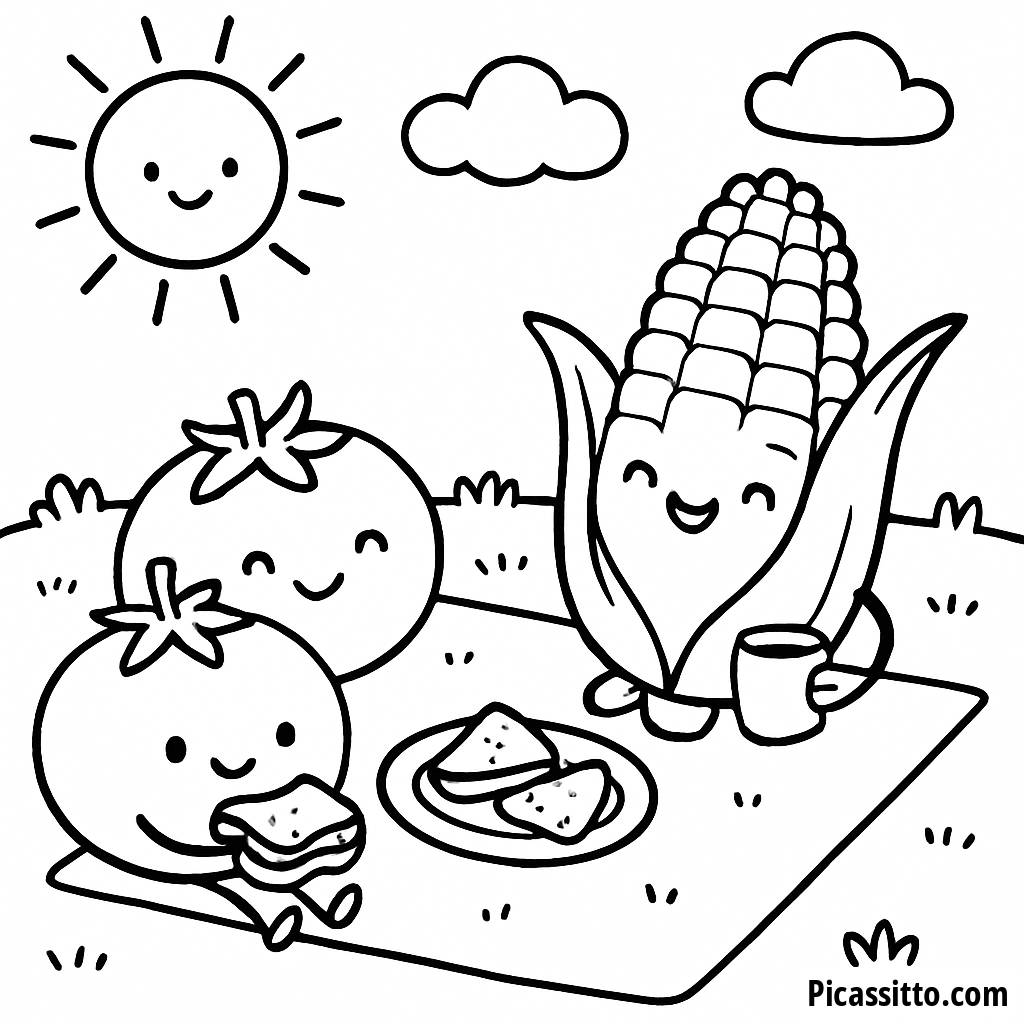 Tomato and Corn Picnic Coloring Page