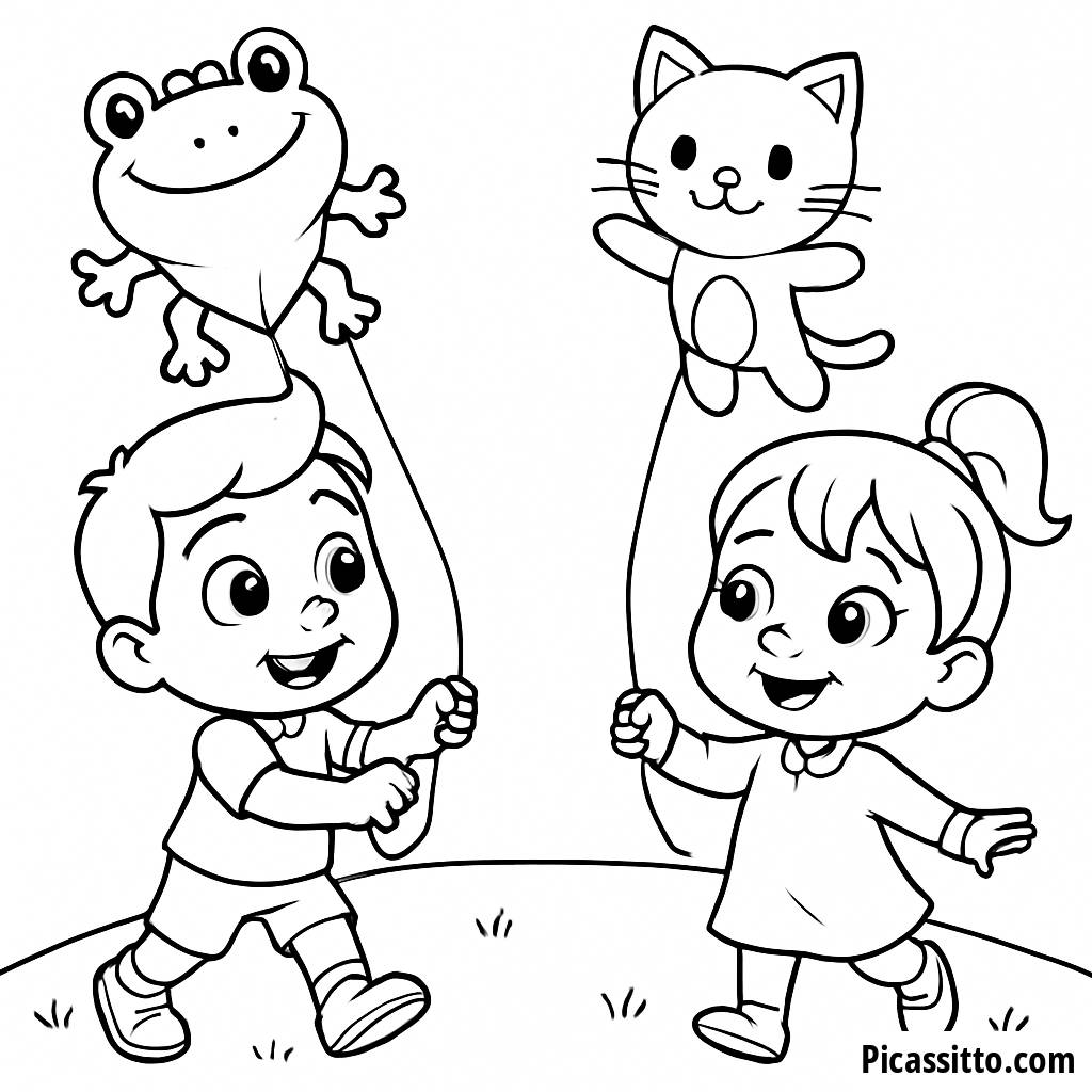 Página para Colorear de TomTom y YoYo con Cometas de Animales