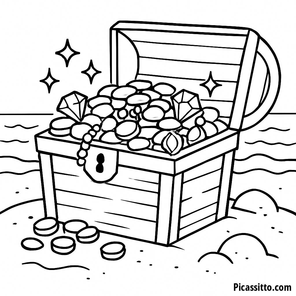 Malbuchseite mit Schatztruhe - Tauche ein in Piratenabenteuer!