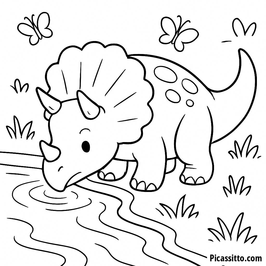 Triceratops Ausmalbild: Ein Dinosaurier am Fluss