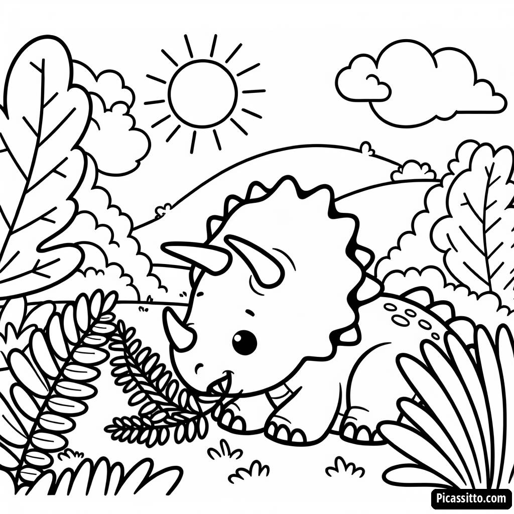 Triceratops Malvorlage: Fressend an Bunten Farnen