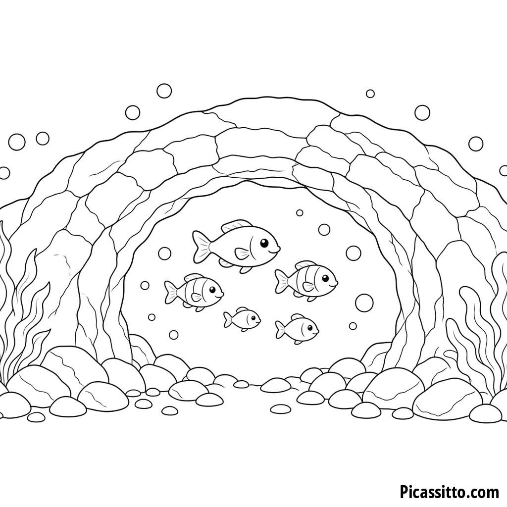 Peces en una cueva submarina para colorear