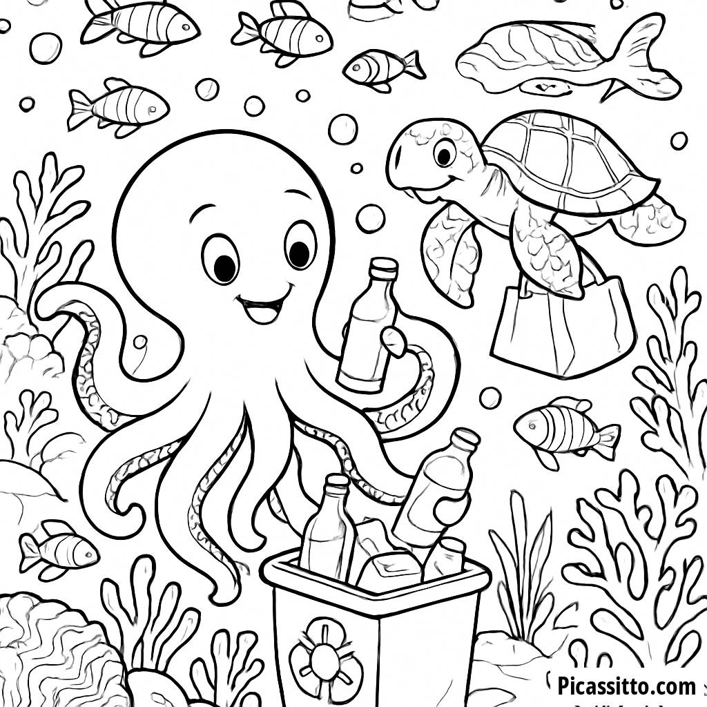 Página para Colorear del Mundo Submarino: Pulpo Alegre y Conservación Oceánica