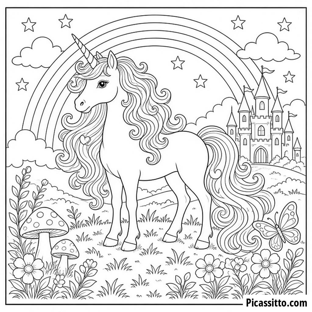 Magisches Einhorn auf der Regenbogenwiese Ausmalbild
