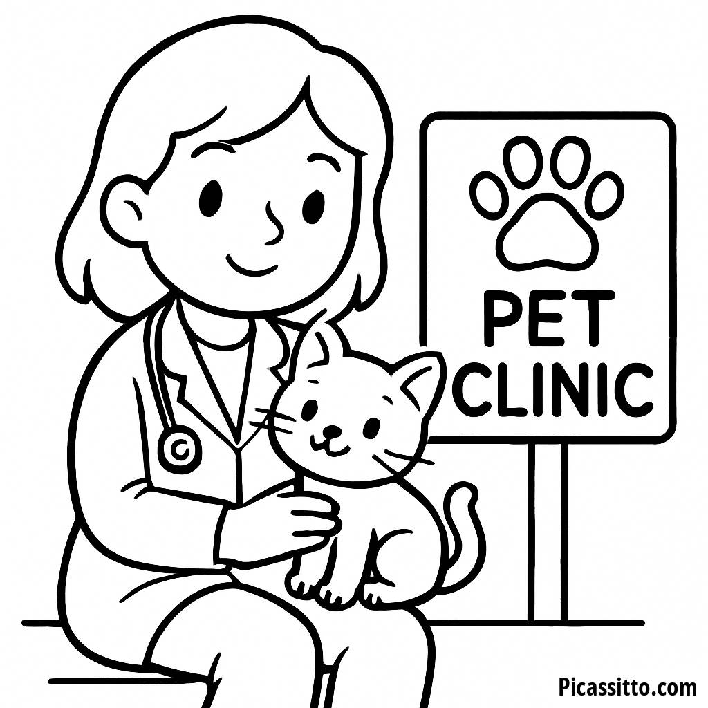 Página para Colorear: Veterinario con Gatito Adorable