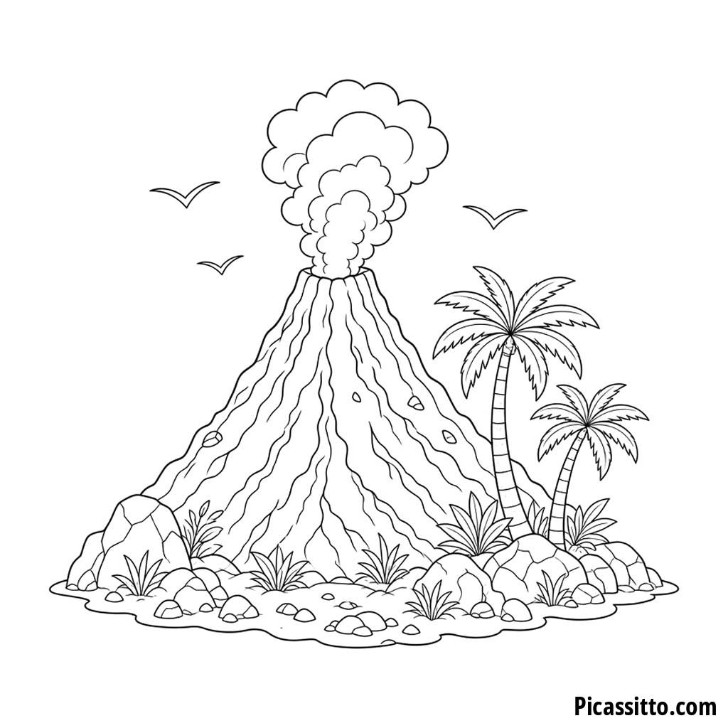 Volcán con palmeras para colorear