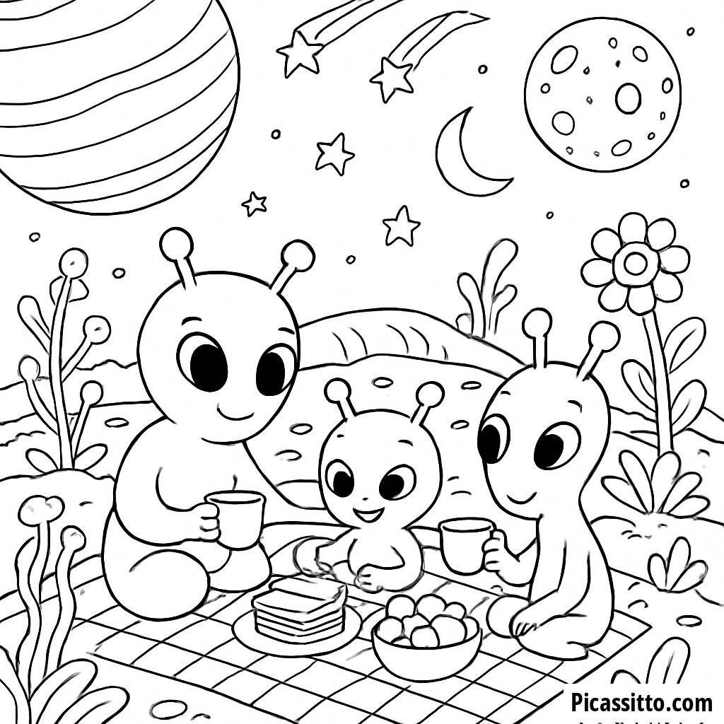 Página para Colorear de un Picnic Familiar Extraterrestre
